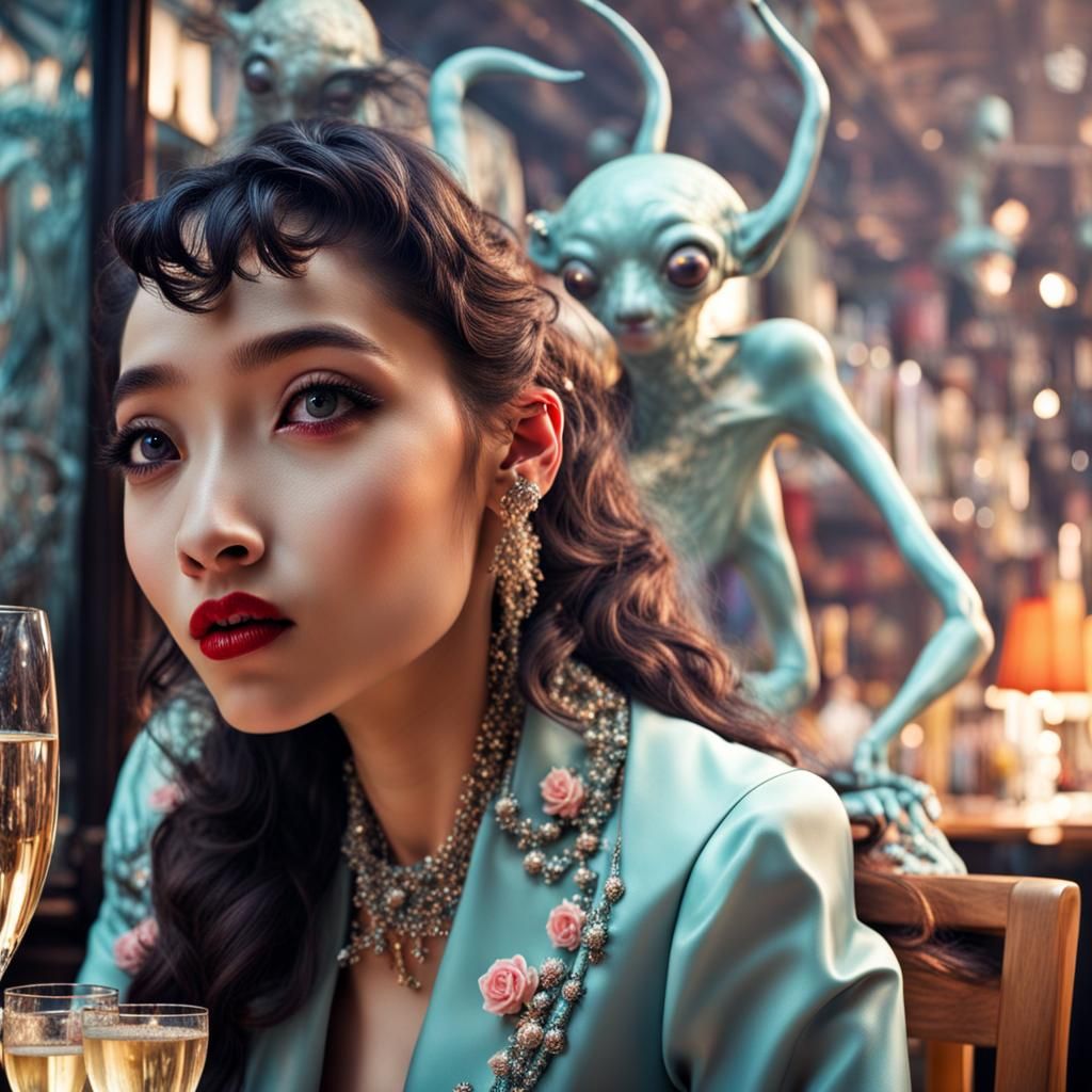 Surreal Restaurant Scene with Beautiful Aliens, Professional...