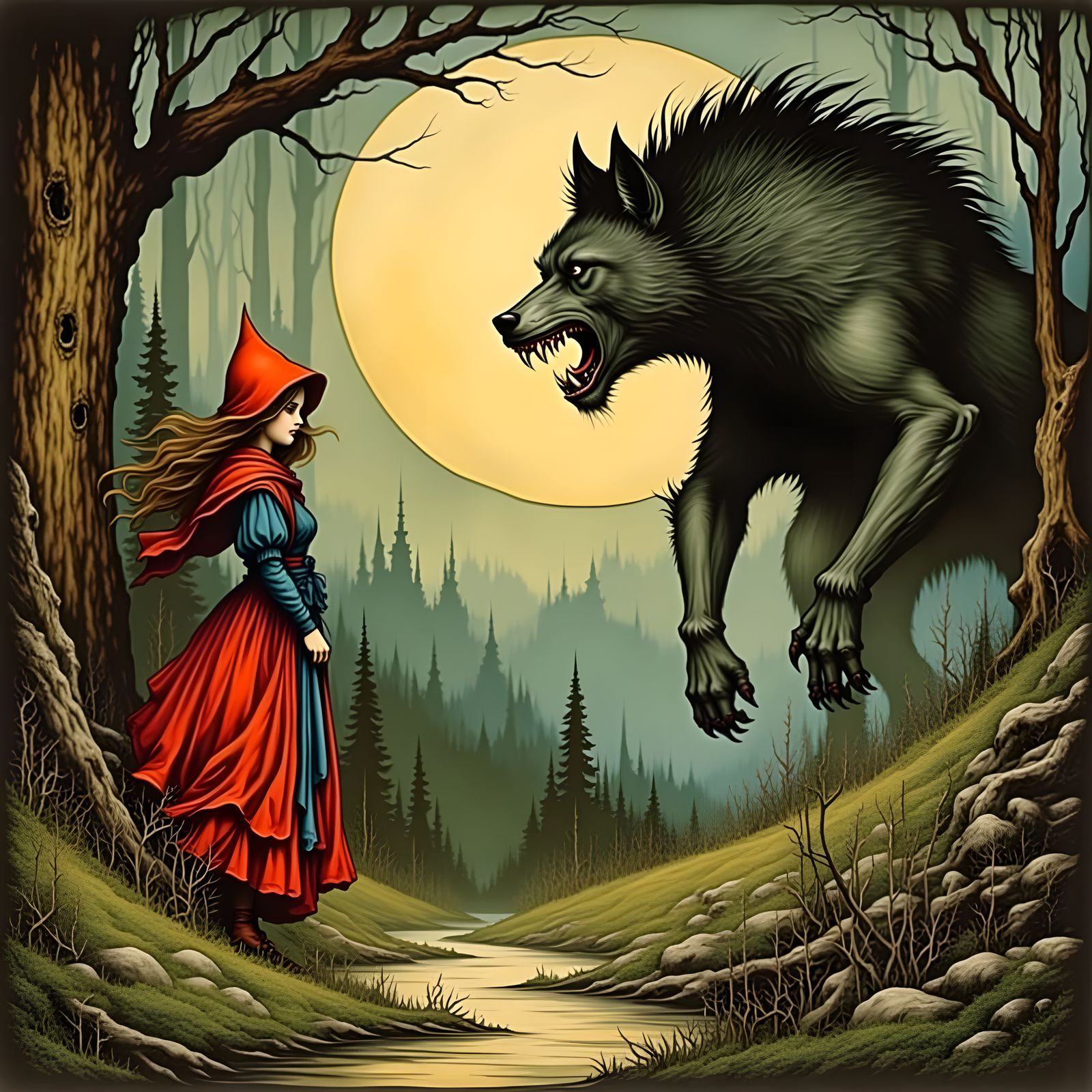 Little Red riding hood meet the scary Big Bad Wolf on the fo...