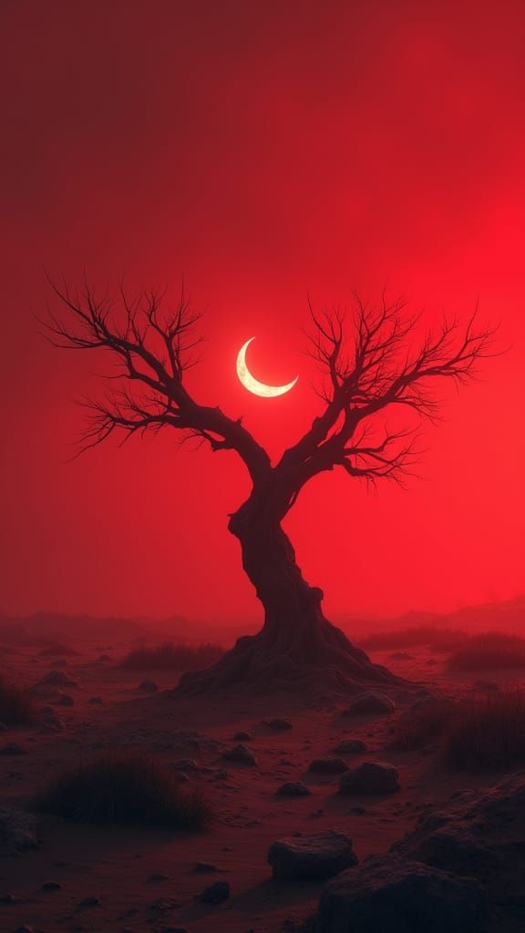 Crimson Alien Landscape with Skeletal Tree