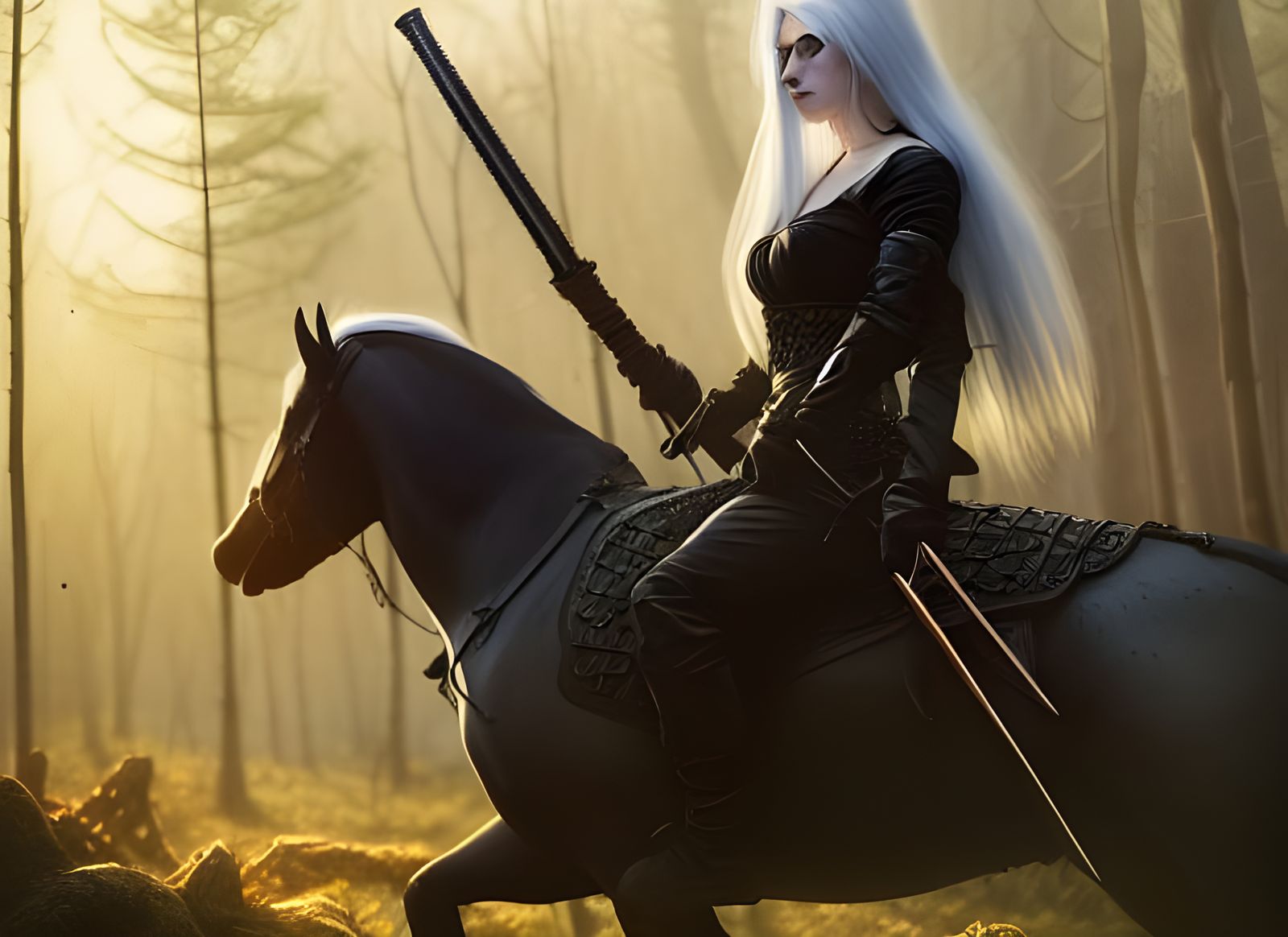 Female Witch Hunter on Horseback in Hyperdetailed Fantasy Ar...