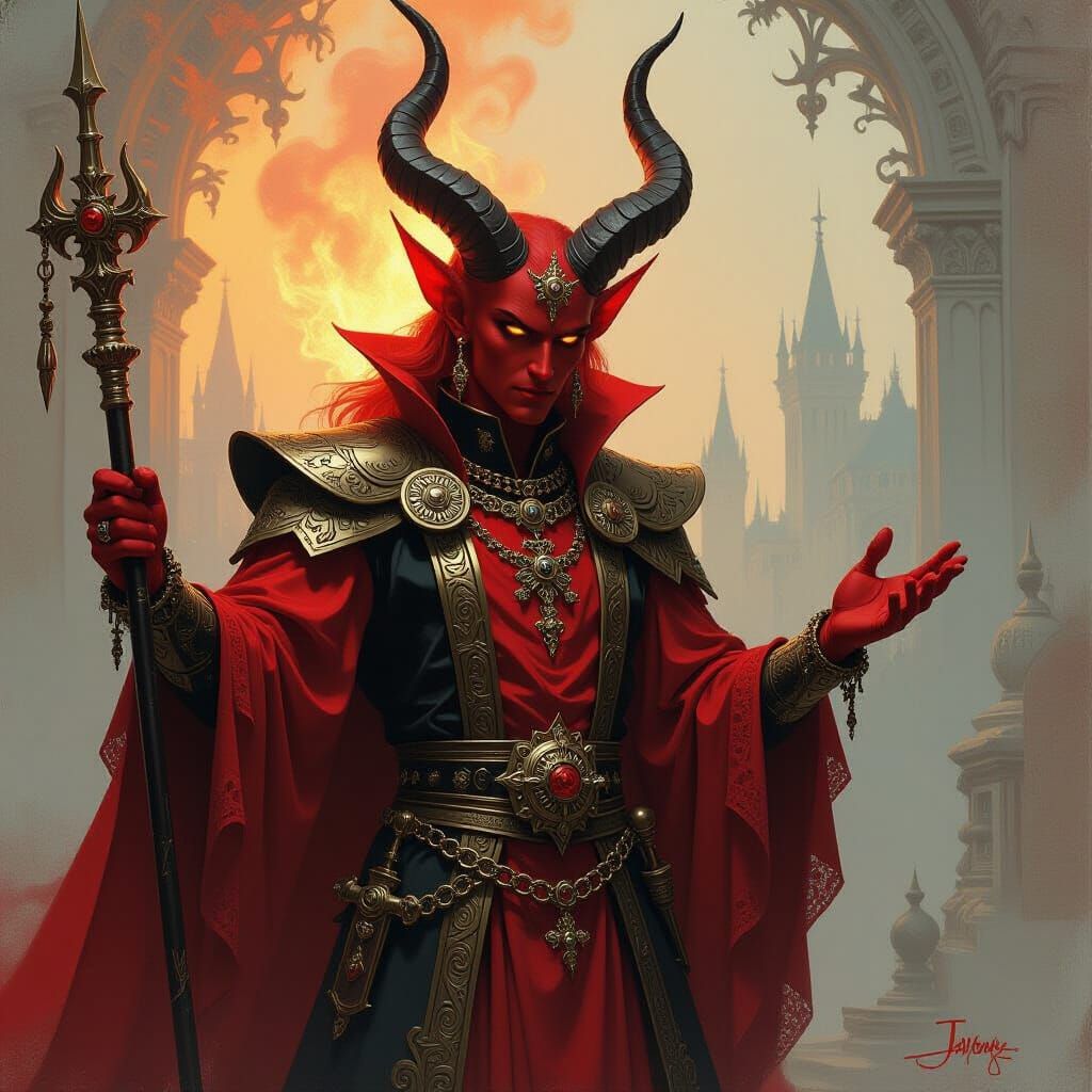Fire-Red Devil in Ornate Attire, Mystical Backdrop