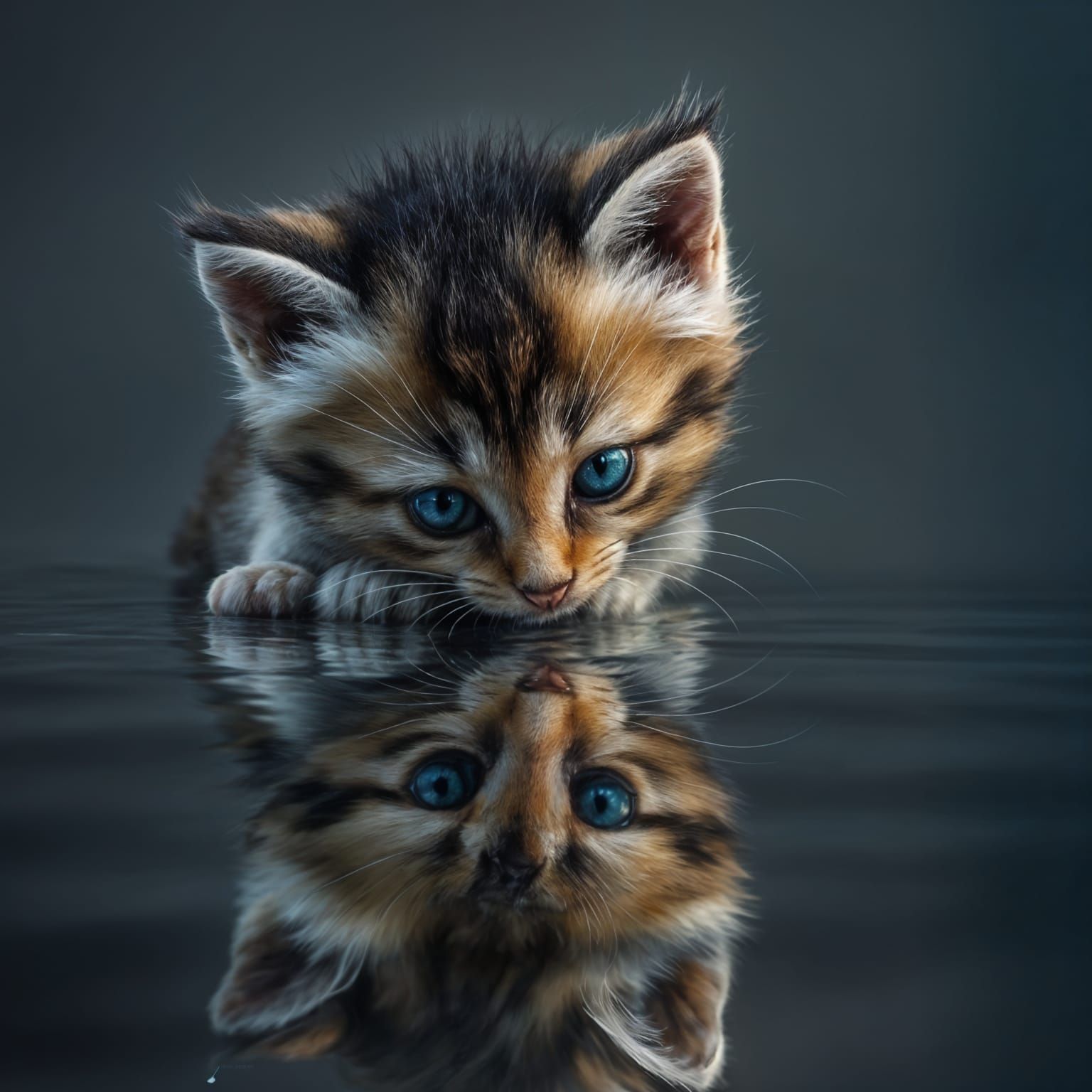 Hyperreal Kitten Gazing at Reflection in Oil Paint