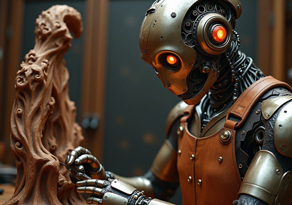 Steampunk Cyborg Artisan Creates Wood Sculpture