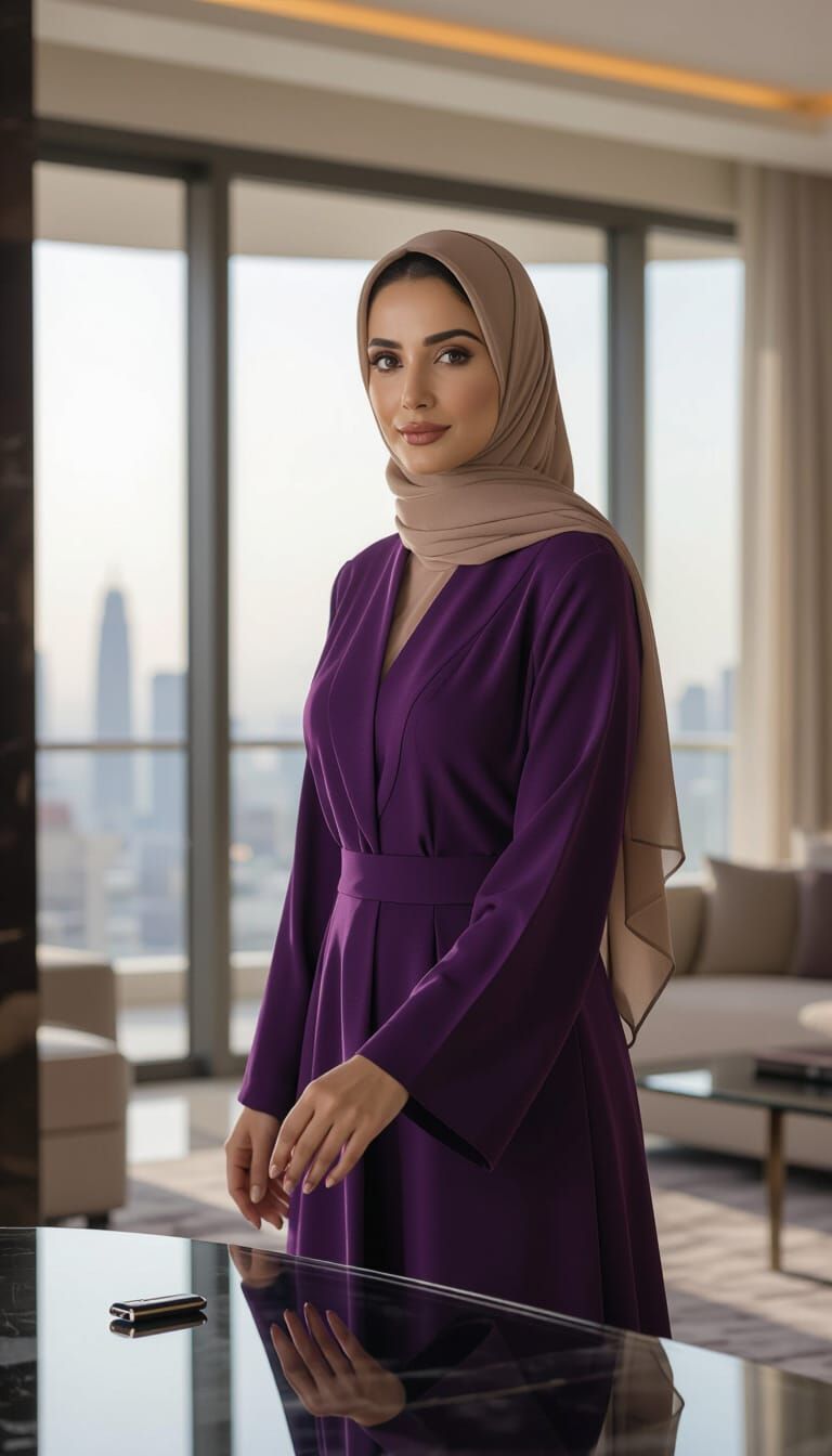 Elegant Woman in Futuristic Apartment in Syd Mead Style