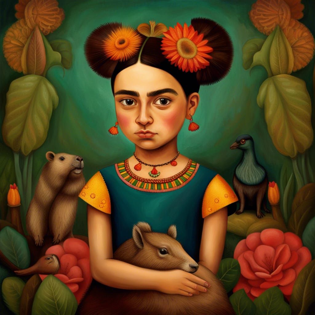 Girl and Capybara Portrait in Frida Kahlo Style