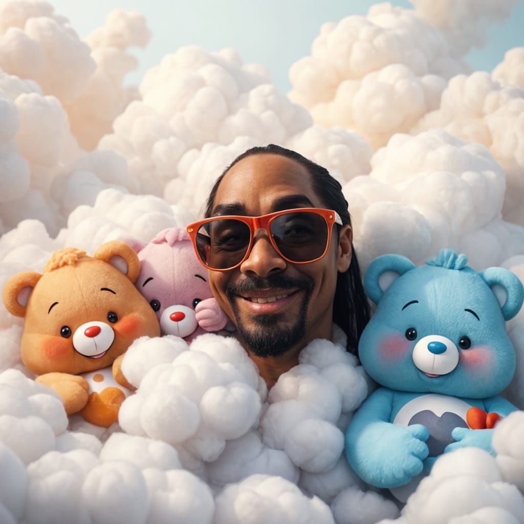 Snoop Dogg in Whimsical Cloudscape with Cuddlebears