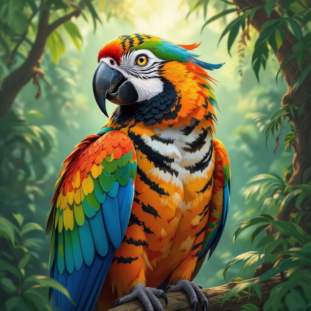 Parrot-Tiger Hybrid in Lush Rainforest, Art Nouveau Style
