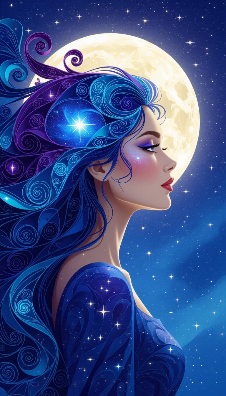 Fantasy Woman with Galaxy Hair in Digital Art
