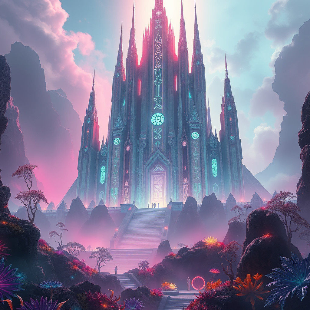 Ethereal Temple in Aurora Lights, Mystical Sci-Fi Art