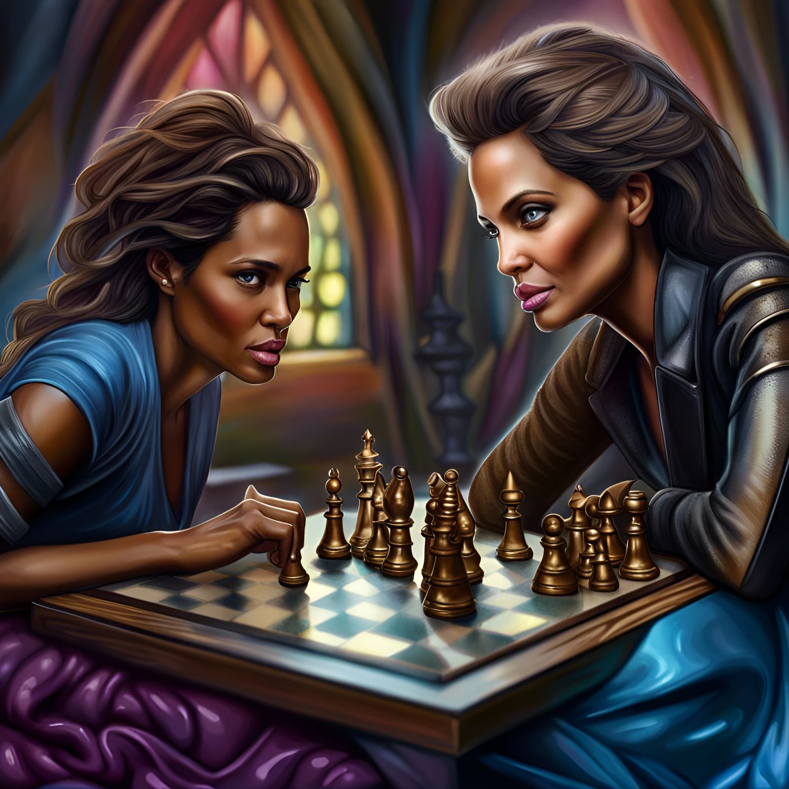 Angelina Jolie playing chess with Halle Berry