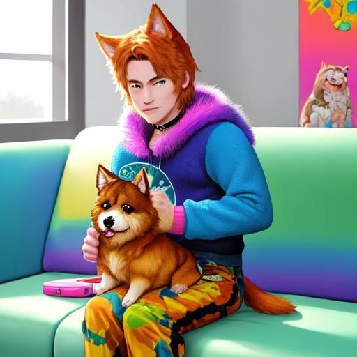Cute Dog on Colorful Couch in Comic Book Style