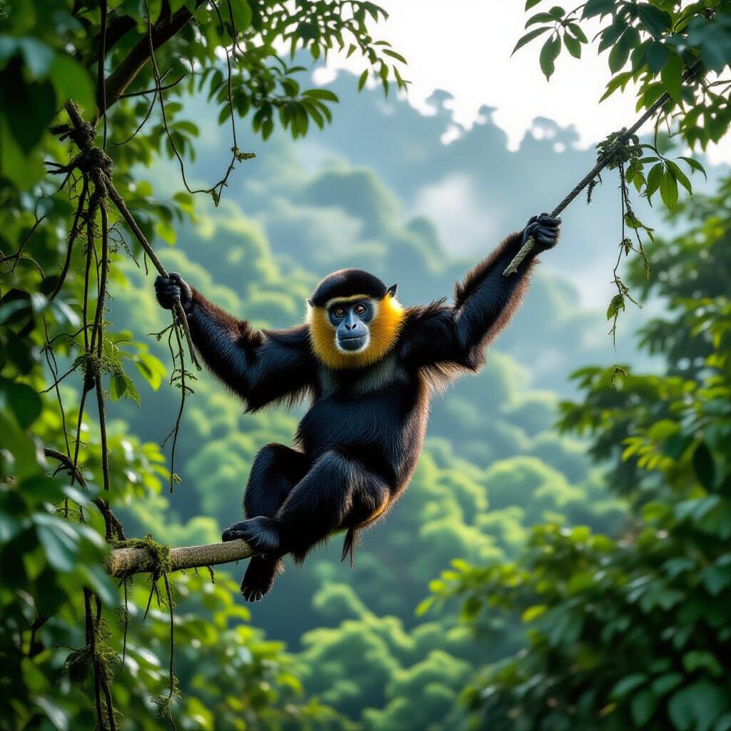 Rare Hainan Gibbon in Tropical Rainforest
