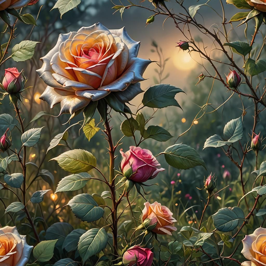 Rose Blooms in Overgrown Field: Oil Painting
