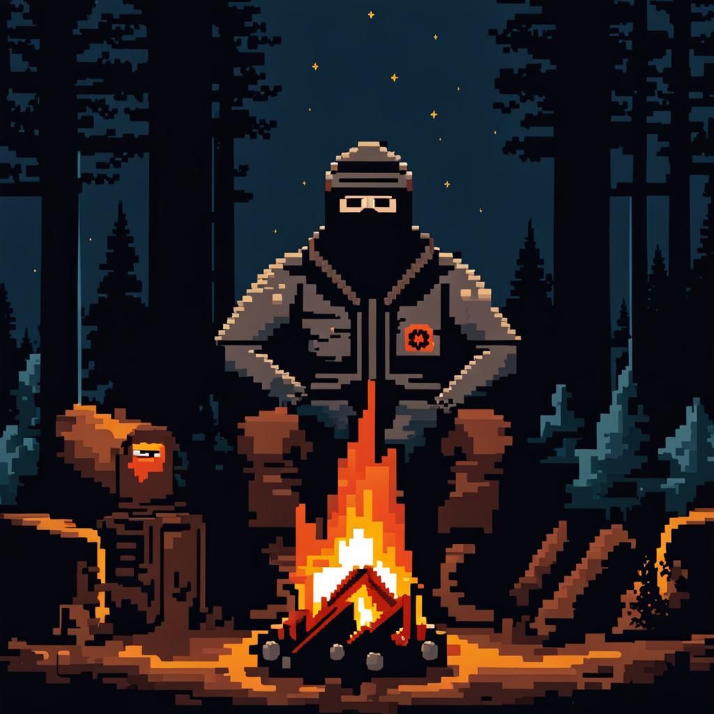 Pixel Art Survivor by Campfire in Dark Woods