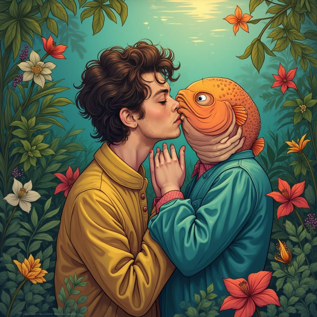 Harry Styles Kissing a Whimsical Piranha in Vibrant Pop Art ...