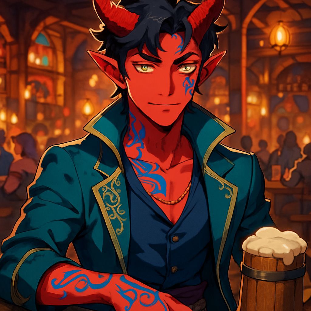 Tiefling Bard Relaxing in Anime Fantasy Tavern