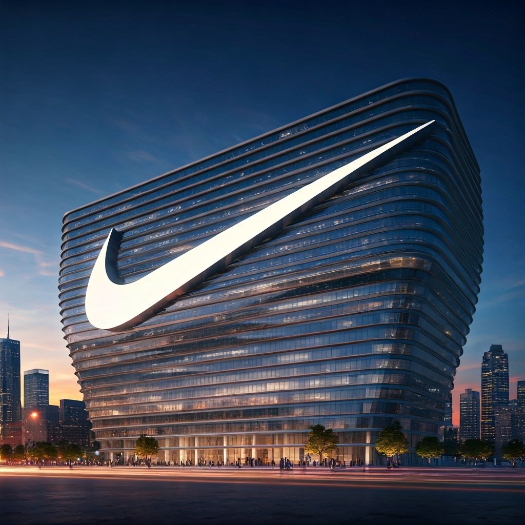 Futuristic Nike Swoosh Building in Twilight Cityscape