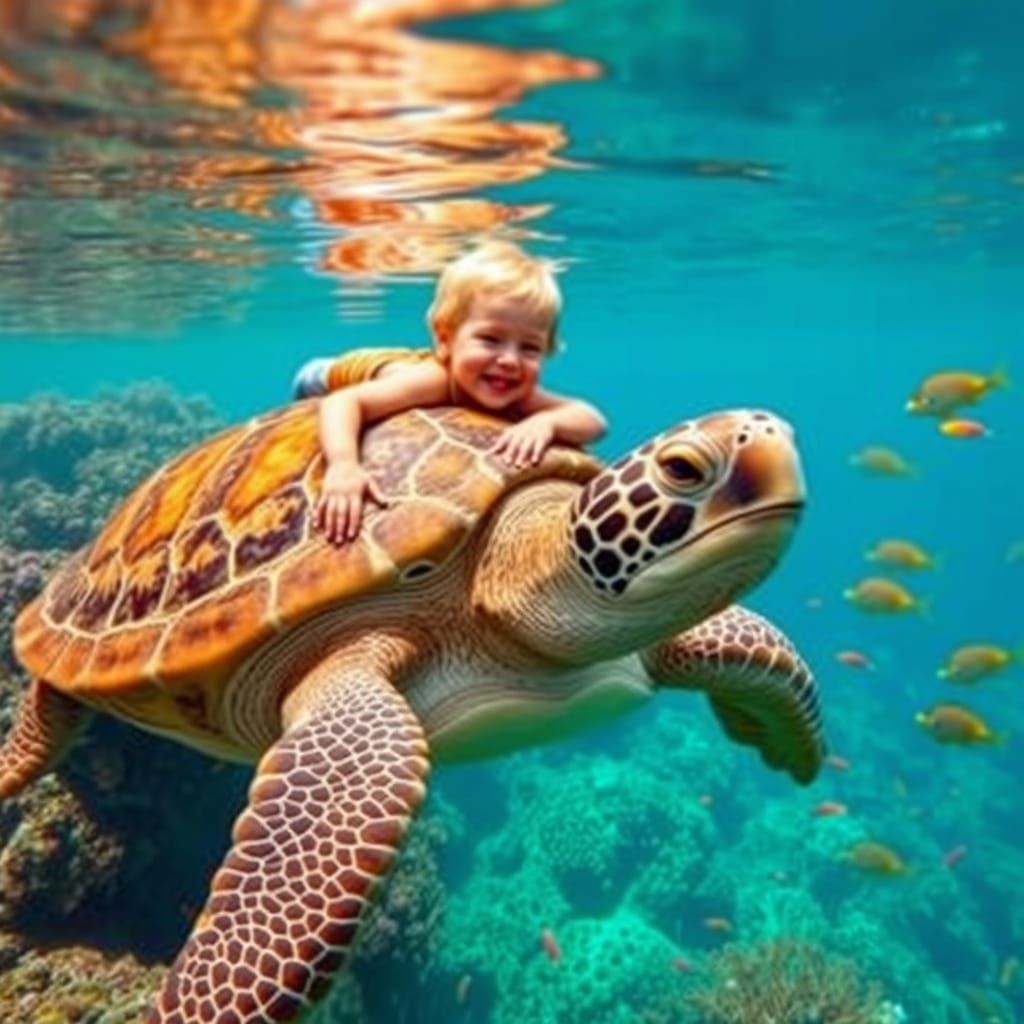 Child's Joyful Ride on a Giant Sea Turtle