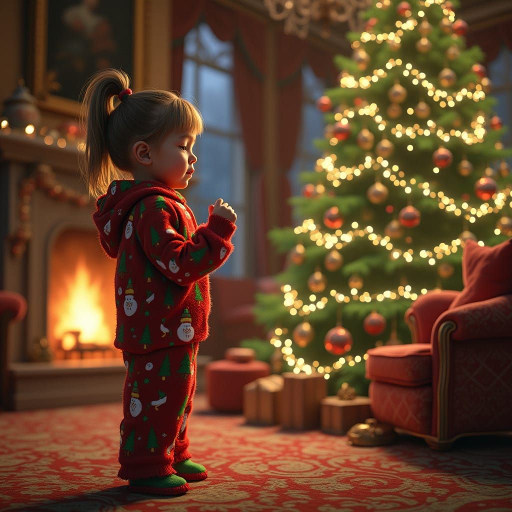 Girl Makes Christmas Wish in Front of Majestic Tree