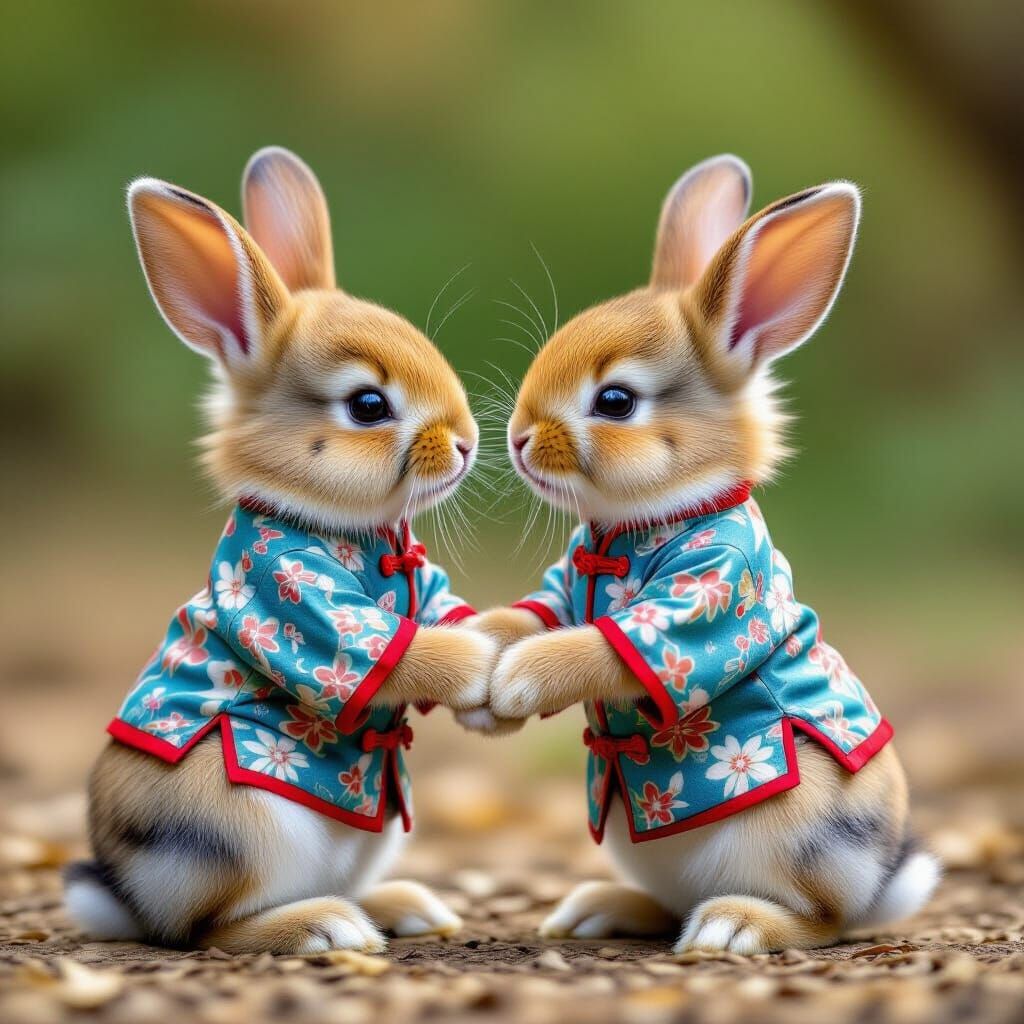 Baby Bunnies Kissing in Chinese Clothes