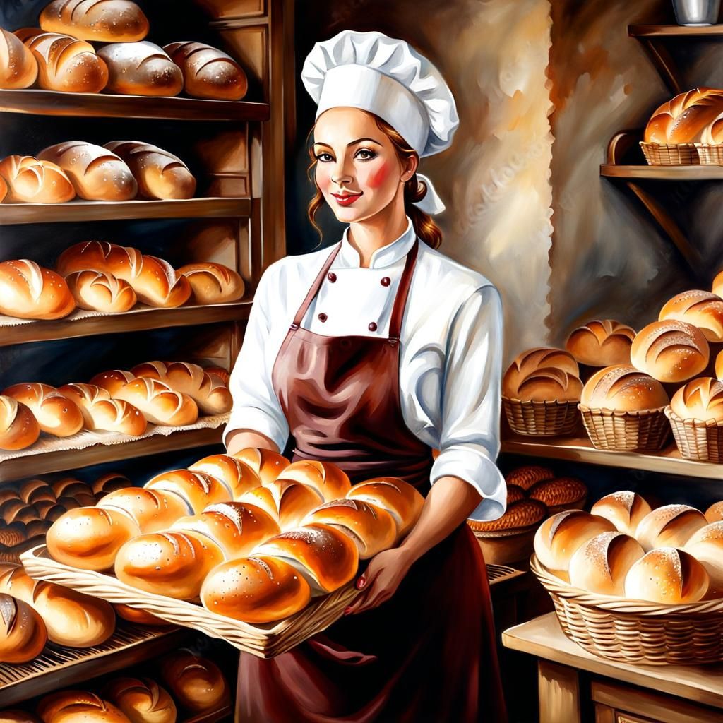 Beautiful Baker Surrounded by Breads: Oil on Canvas