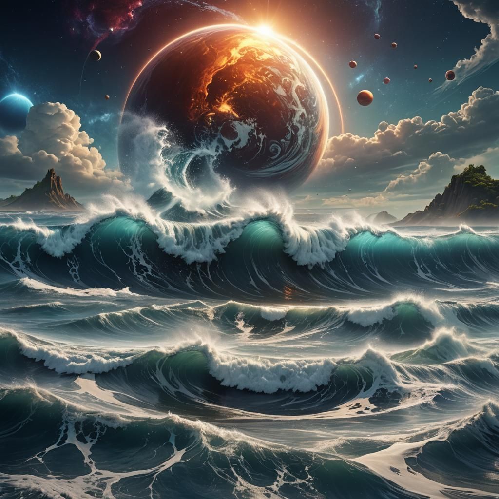 Epic Tsunami Wave with Planets, Digital Art