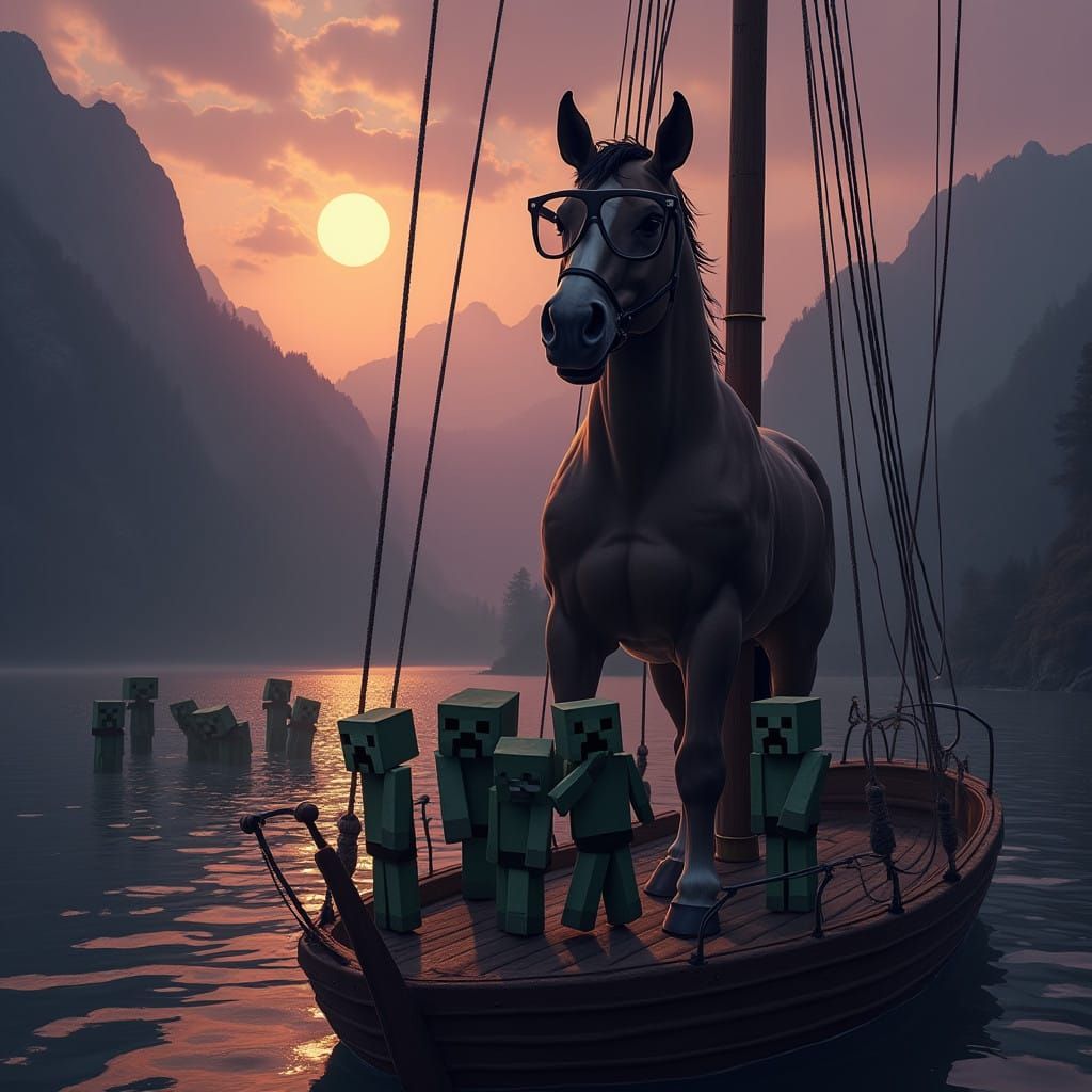Majestic Horse Seeks Wisdom on Serene Lake in Sunset Glow