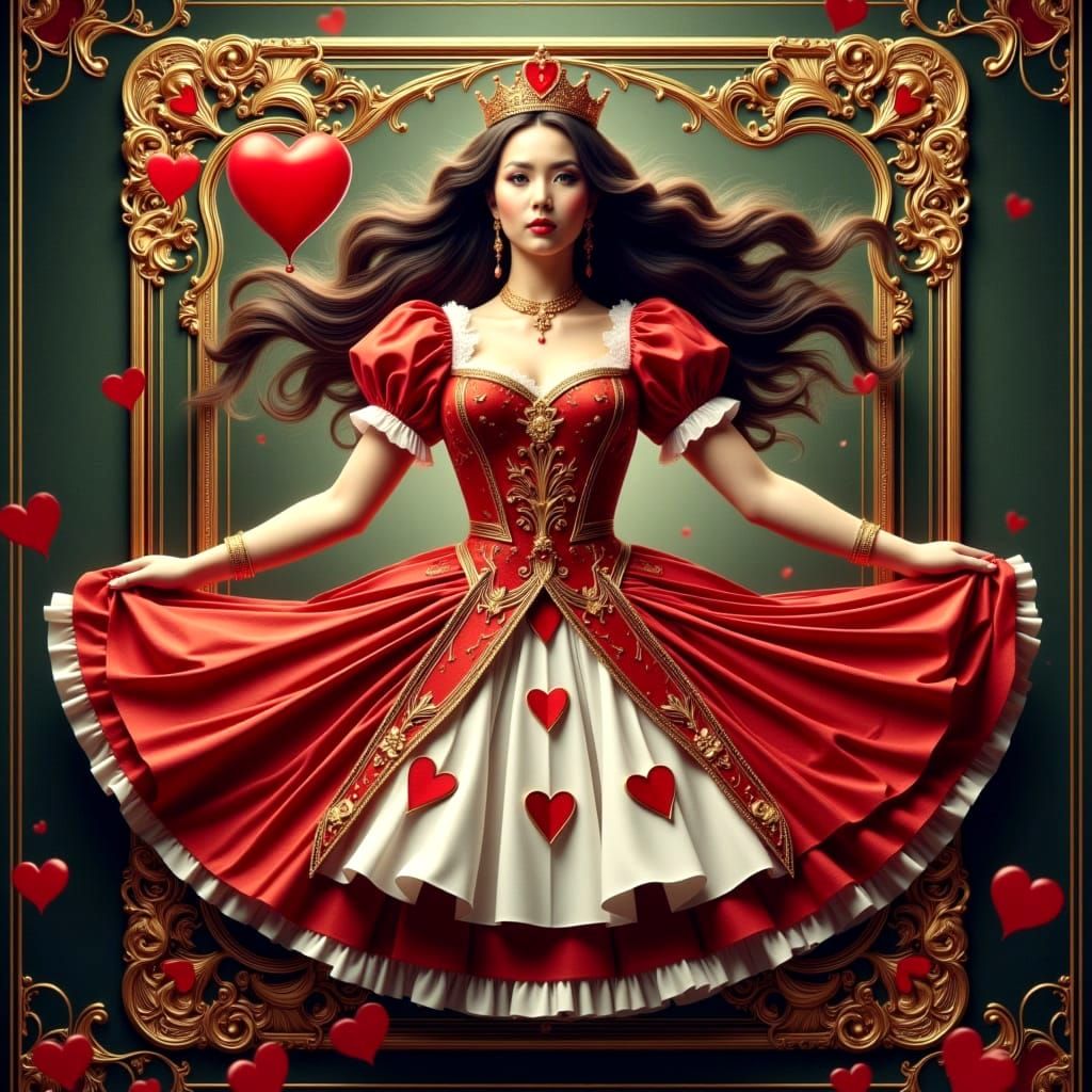 Majestic Queen of Hearts in Elegant Red and White Attire