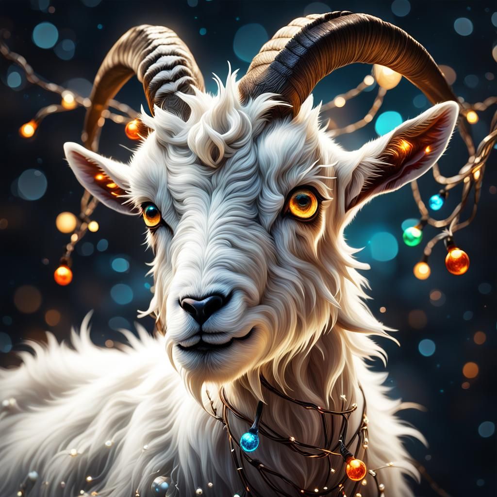 Majestic Billy Goat Portrait with Christmas Lights