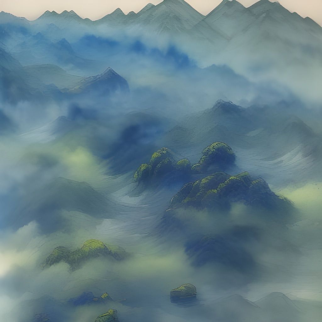 Watercolor Fantasy Landscape in Indigo Blue Green