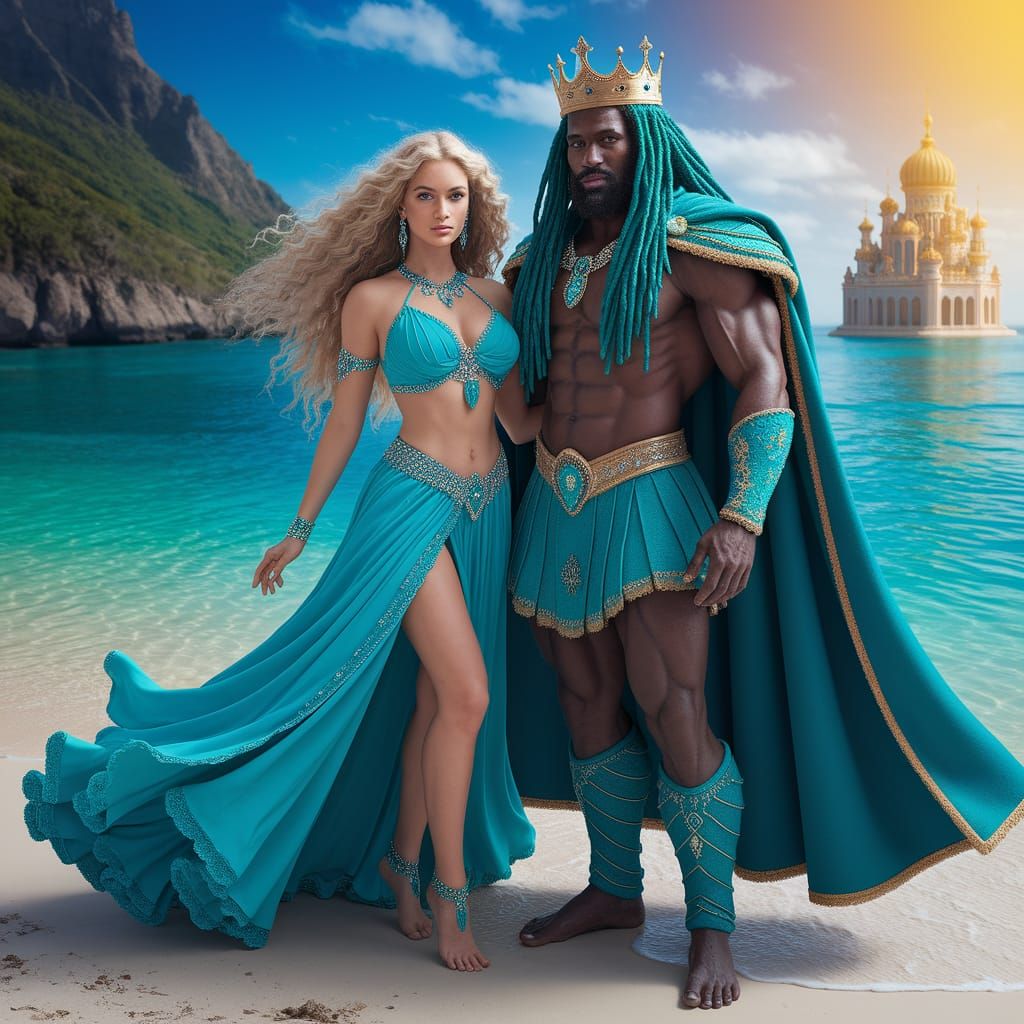Blonde Woman and Marine King on Turquoise Shore