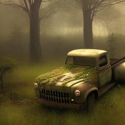 Overgrown Pickup Truck in Solarpunk Landscape