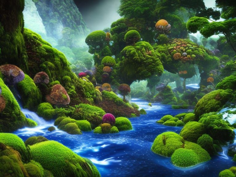 Pandora-Inspired Bioluminescent Landscape with Exotic Flora