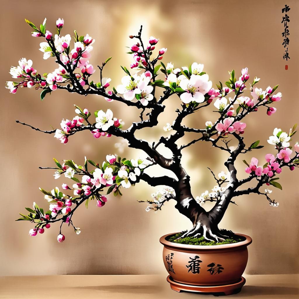 Crabapple Bonsai in Chinese Ink Painting