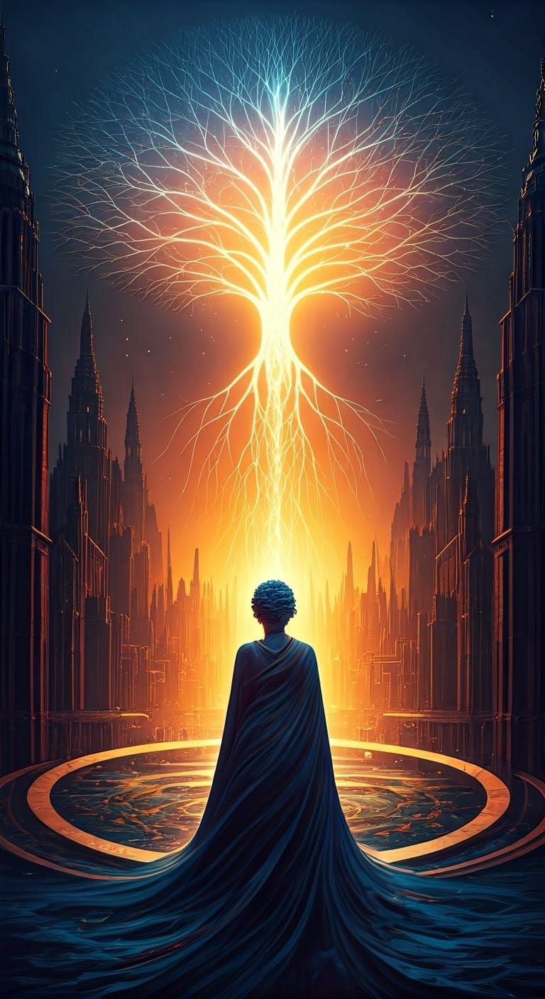 Aurora Woman in Dreamlike Cityscape: Human Complexity