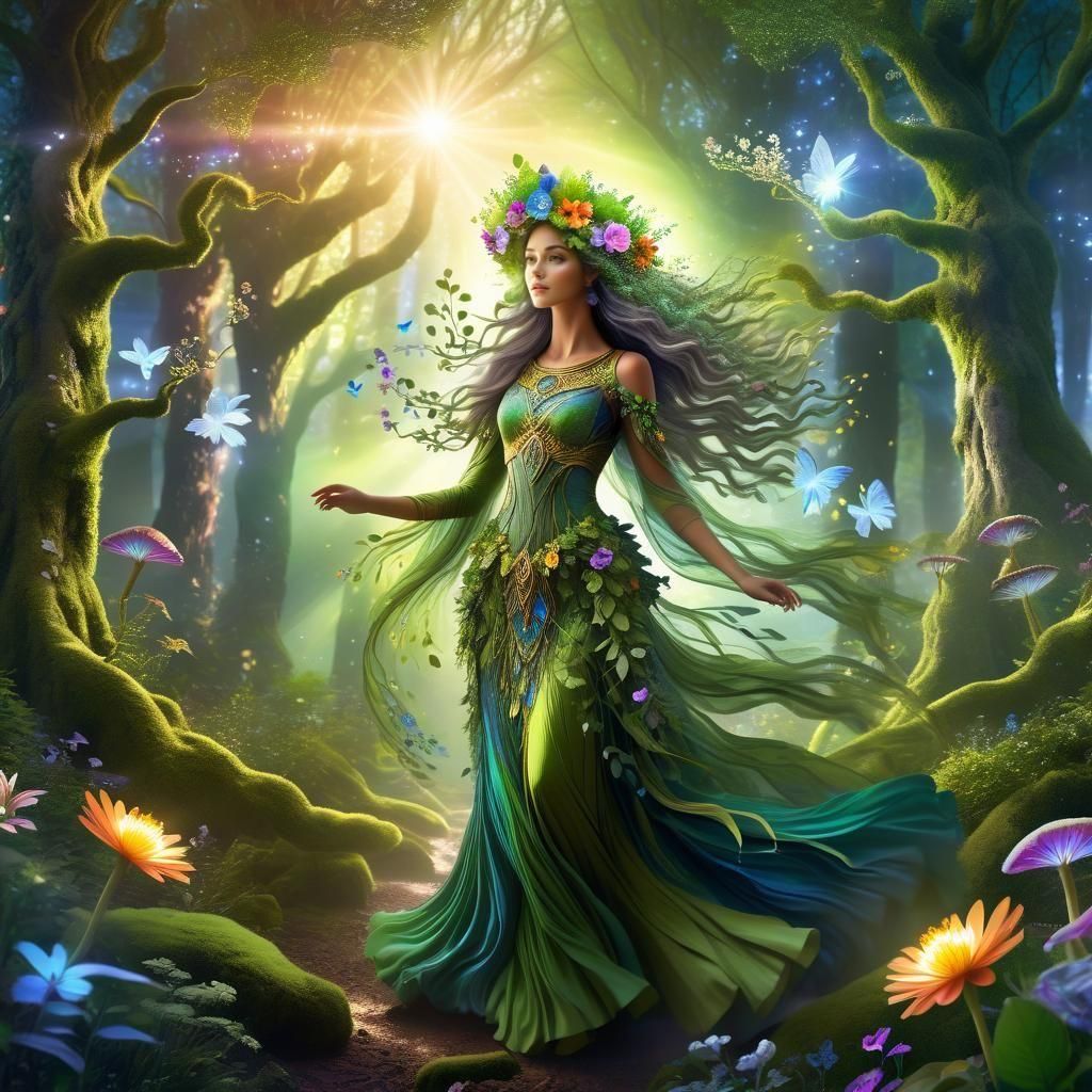 Dryad Mother Earth Elemental in Forest Illustration