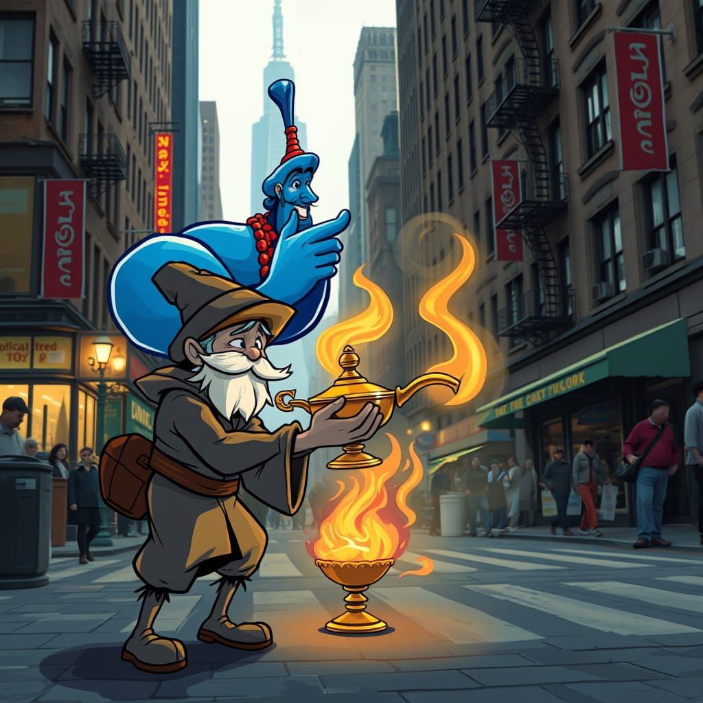 Befuddled Hobo Meets Genie on New York Streets