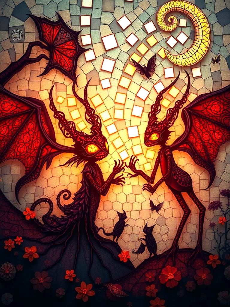 Whimsical Gothic Creatures in Glowing Fractal Landscape