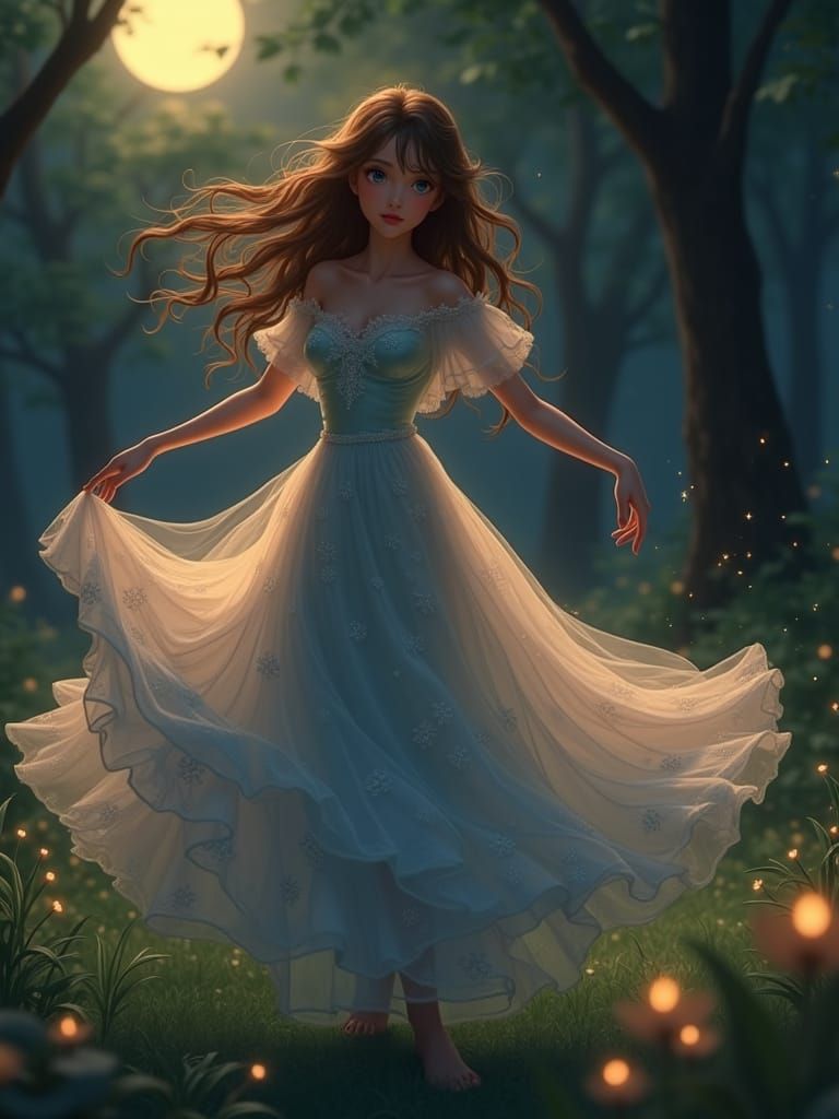 Ethereal Dancer in Enchanted Moonlit Forest
