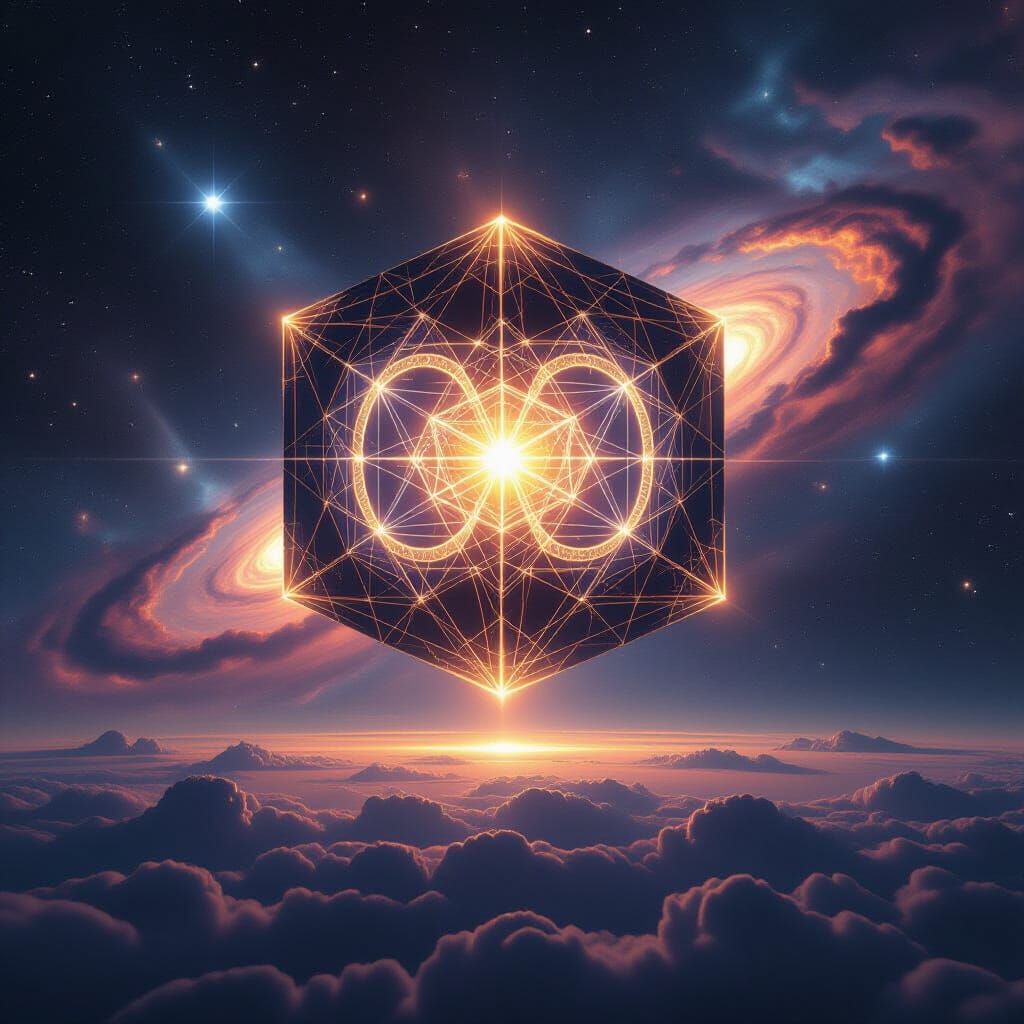 Futuristic Taiji Diagram in Deep Space with Geometric Patter...