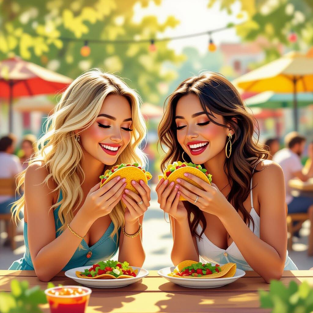 Joyful Friends Eating Tacos at Vibrant Taqueria