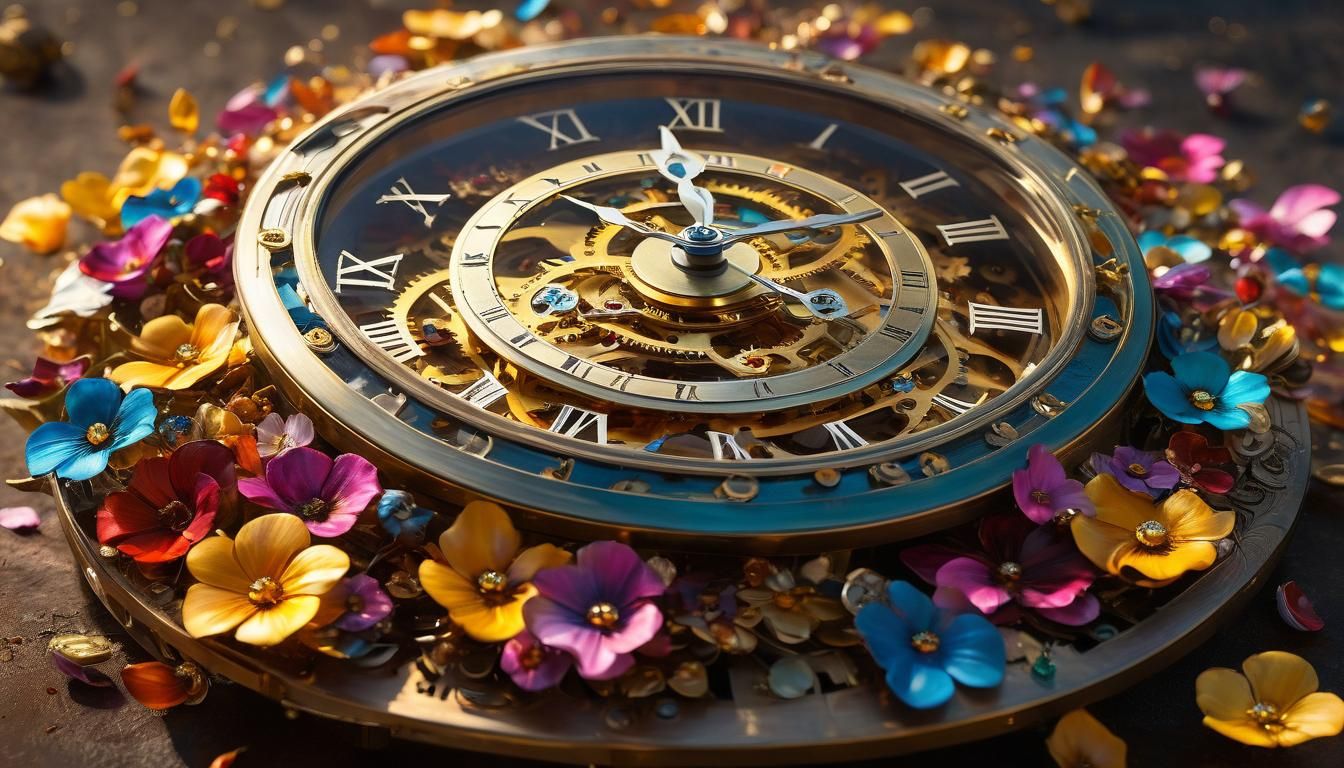 Vibrant Steampunk Clock Blooms in Golden Light