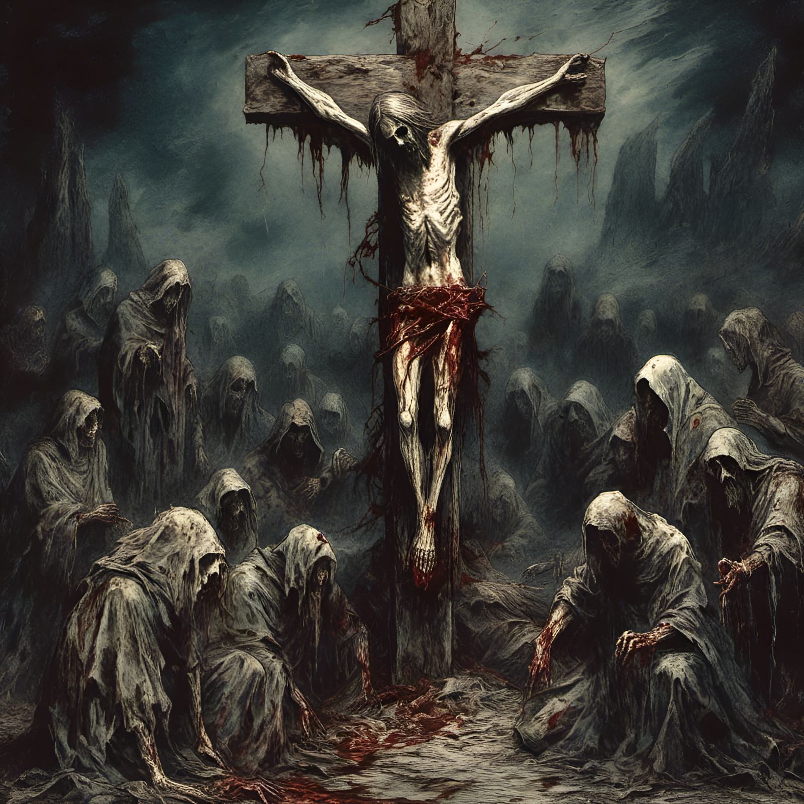Rotting Zombie Christ on Bloody Cross, Macabre Illustration