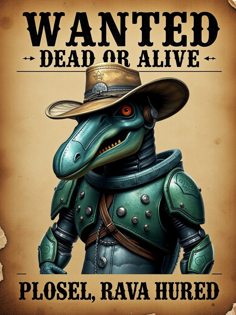 Robot Plesiosaur Wanted Poster in Retro-Futuristic Style