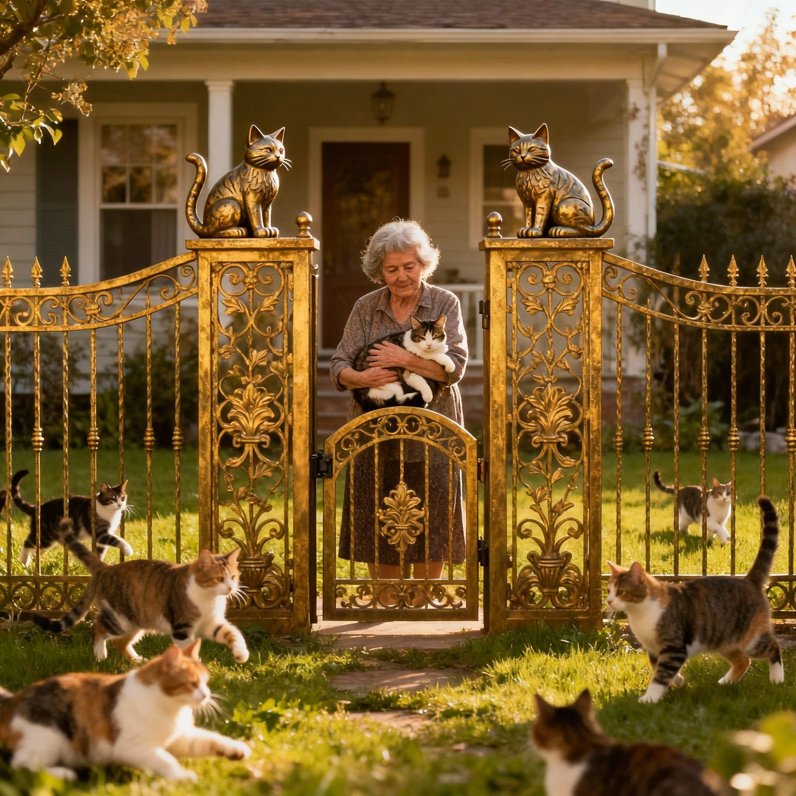 Ornamental Cat Fence and Gate with Feline Home