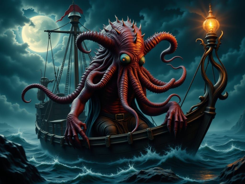 Cthulhu as a Pirate Captain in Action Painting Style
