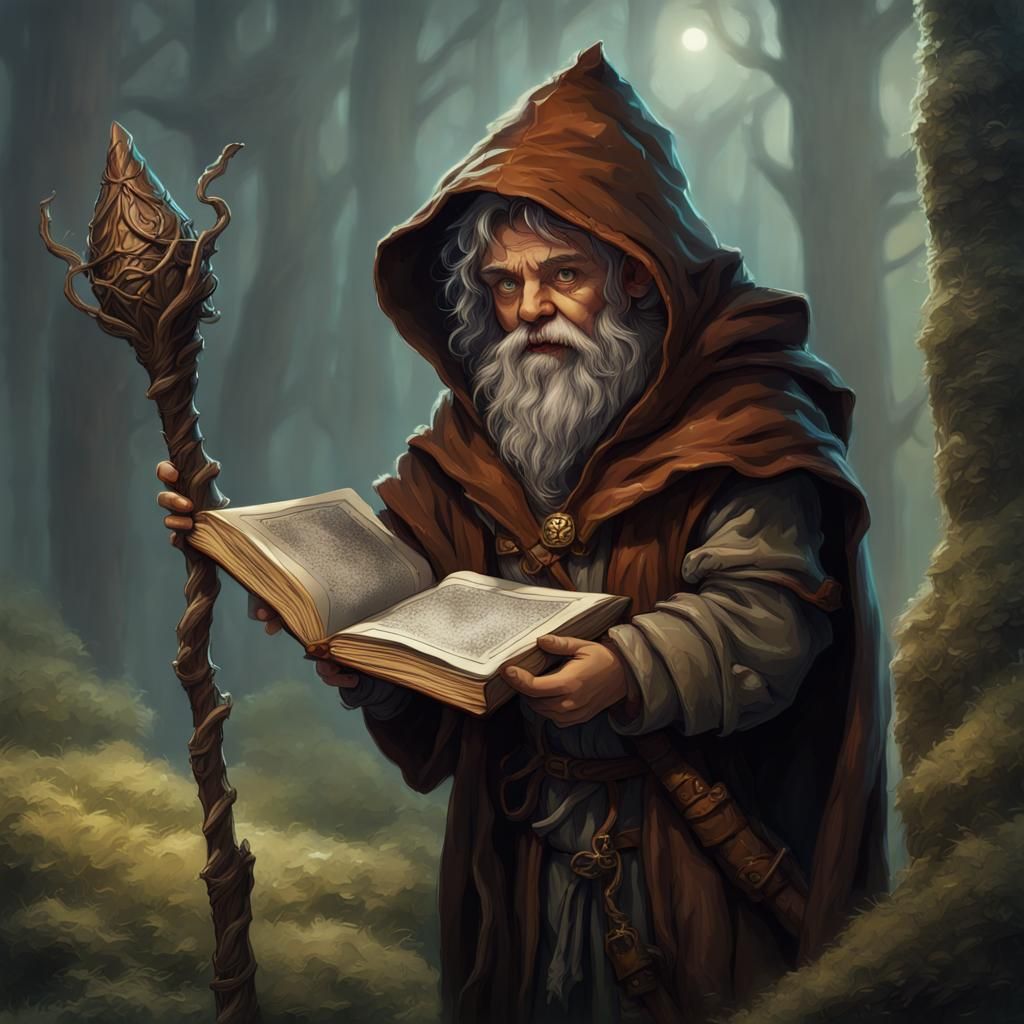 A halfling druid wearing a hooded cloak and carrying a gnarled wooden staff and an ancient leather bound book. He is wea...