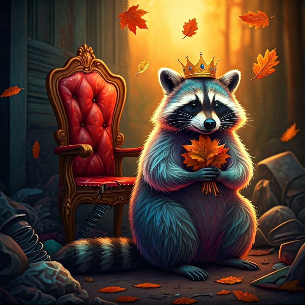 King Raccoon in Autumn Leaves