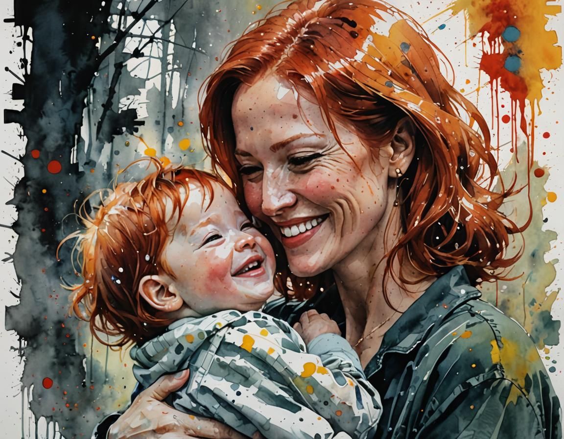 Joyful Mother and Child Portrait in Watercolor Style