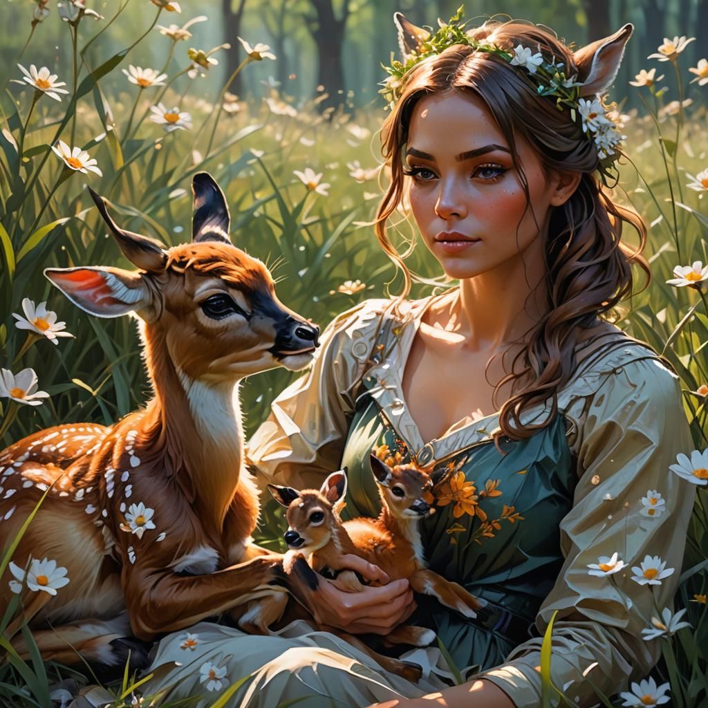 Bambi and Woman in Spring Field Impasto Painting